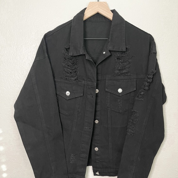 SHEIN Jackets & Blazers - Black Distressed Denim Jacket Size Large
